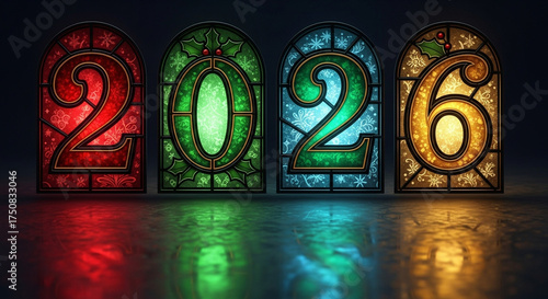 The year 2026 depicted in ornate, colorful, illuminated stained glass windows with reflections.