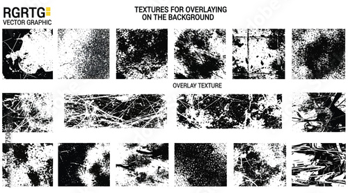 Vector art of a set of black and white grunge textures for overlaying on backgrounds, adding depth and a distressed look to your designs, perfect for creating vintage effects