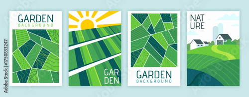 Farm pattern. Landscape of field. Aerial view on land. Rural garden background. Green plants organic texture. Abstract agriculture. Banner or flyer collection. Vector ECO design of garish poster set