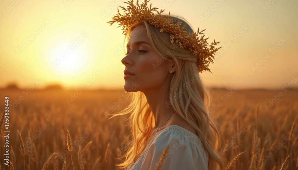 Obraz premium Blonde woman wears wheat crown stands in field at sunset. Calm girl with eyes closed in golden hour. Nature light shines on face. Agriculture concept.