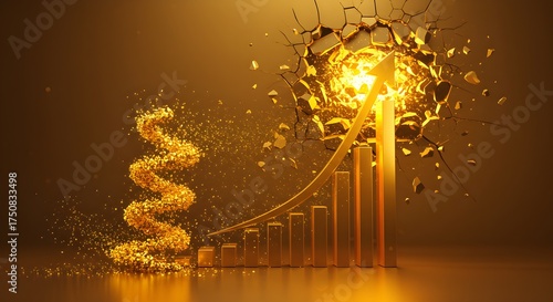 Bar Chart with Upward Arrow Shattering Barriers for Business Success and Financial Breakthrough.