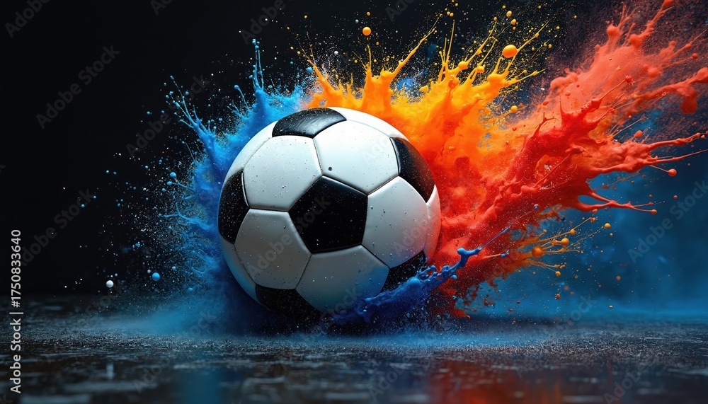 Fototapeta premium Soccer ball surrounded by colorful paint splashes in blue, orange and red. Vibrant colors create dynamic effect around football. Paint explosion creates artistic background for sport theme.