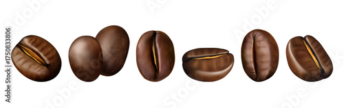 3D coffee grains set. Realistic caffeine beans for drink. Aromatic arabica seeds. Brown roasted texture. Cafe breakfast, espresso drink plant ingredient. Vector isolated natural cappuccino elements