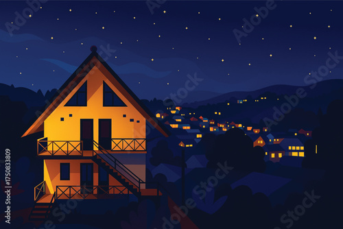 Cozy Cabin or House at Night Vector Illustration. Warm lights on a dark starry night with a small hillside village in the background. Home, quiet, and retreat concept., Adobe Illustrator Artwork