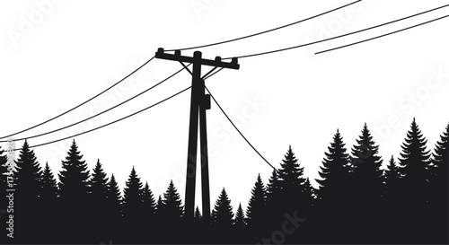 Silhouette of utility pole with power lines crossing forest trees, electricity infrastructure vector illustration in natural rural landscape background design