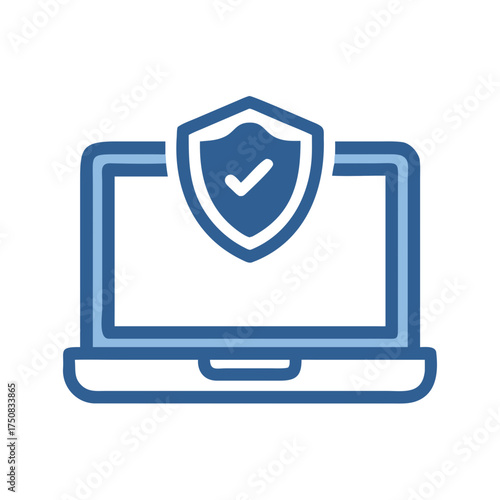 Laptop with a security shield icon representing online protection and safety in blue tones
