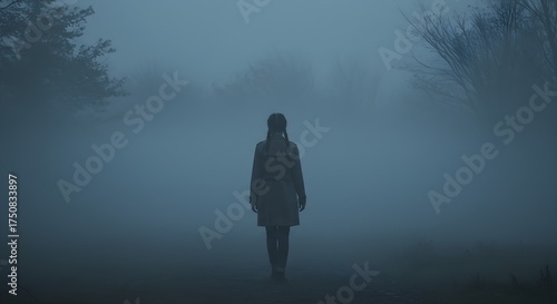 Silhouette of a Woman Walking Alone in Dense Fog