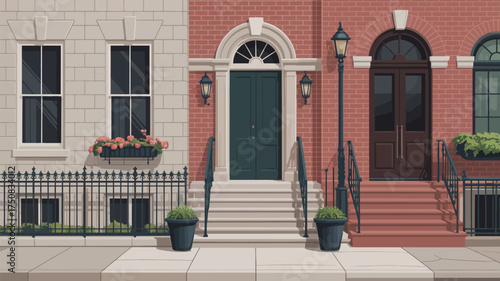 A row of townhouses with different colored doors and brick facades on a sunny day in the city