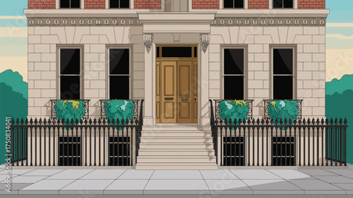 A cartoon style building with a door windows and plants in pots on a sunny day with blue sky view