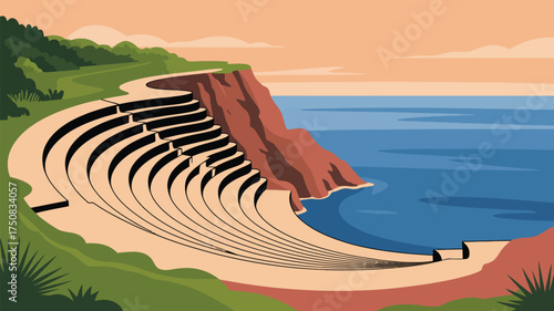 Coastal amphitheater illustration with ocean cliffs and green vegetation under a pastel sky view