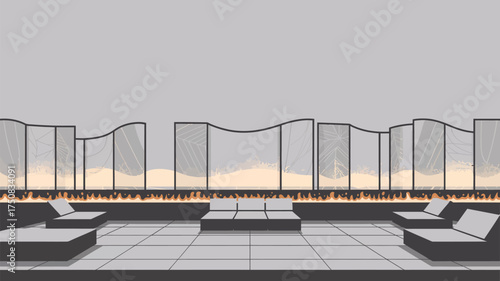 A minimalist outdoor lounge area with a long fireplace and curved glass panels on a tiled patio