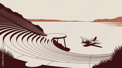 Illustration of an airplane near a curved staircase by the water with distant mountains view
