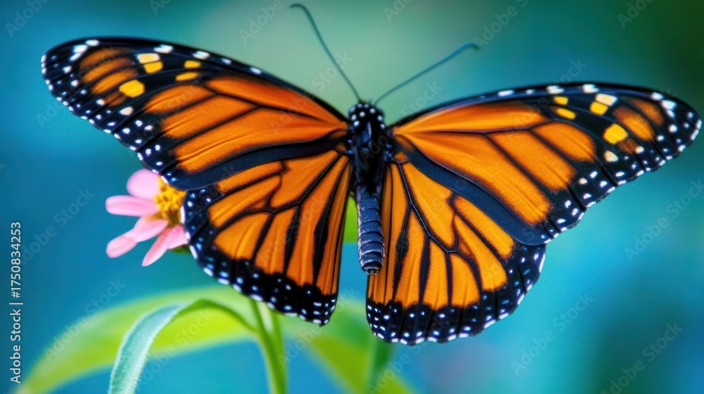 Naklejka premium Monarch Butterfly on Pink Flower, Soft Background
