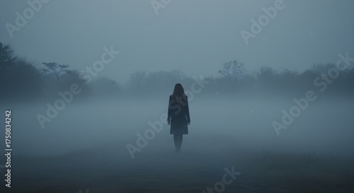 Solitary Woman's Mysterious Journey into a Dense Foggy Landscape, Evoking Loneliness and Deep Contemplation
