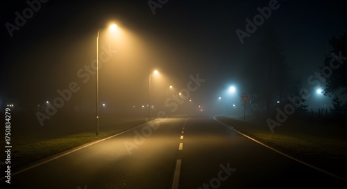 Foggy Night Road Illuminated by Warm and Cool Streetlights with Ethereal Glow