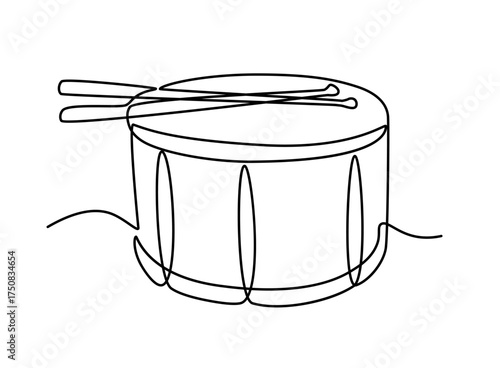 Musical percussion instrument. Continuous line drum. Traditional concert sound. Drummer acoustic music. Orchestra melody play. Classic performance. Simple linear doodle drawing. Vector outline sketch