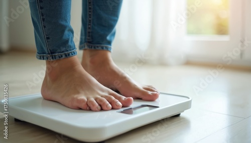 Barefoot person stands on digital scale, tracking body weight and fitness progress. Daily health check at home for diet and wellness goals. Weighing for fat loss.