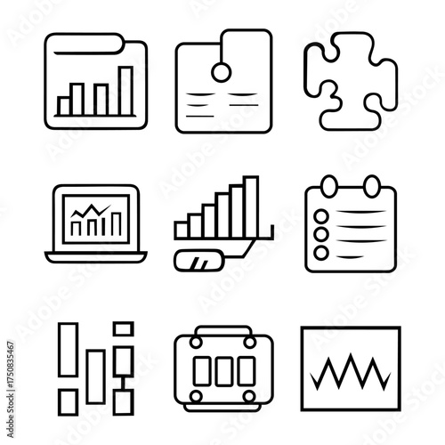 A vector silhouette of a bold single line icon set based on business and official elements. Electronics and technology icons set. Teacher Tools Icons. Outline icon set of teacher tools. 