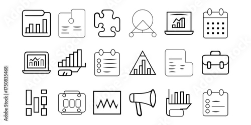 A vector silhouette of a bold single line icon set based on business and official elements. Electronics and technology icons set. Teacher Tools Icons. Outline icon set of teacher tools. 