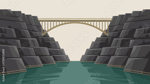 A cartoon illustration of a bridge over water between rocky cliffs with a light background color