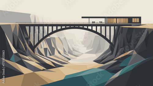 A low poly illustration of a modern house atop a bridge spanning a canyon with a river below it