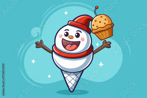 vector of Smiling snowman on ice cream cone, funny and unusual Christmas humor