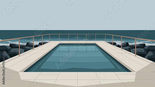 Illustration of a swimming pool with a railing overlooking the ocean and rocks on a clear day with a gray sky