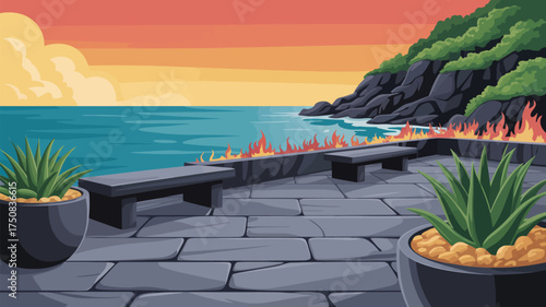 Illustration of a seaside patio with stone benches, fire feature, and potted plants at sunset time