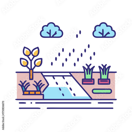 Beautiful garden landscape with plants, watering and clouds in a colorful design
