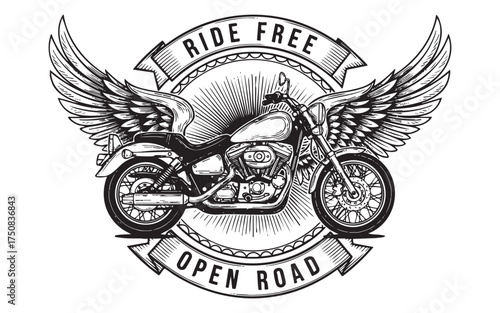 motorcycle club emblem with a front-facing motorbike, large wings, shield, and blank ribbon banner