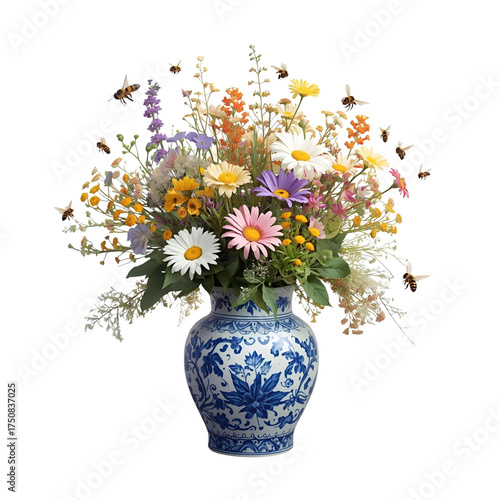 Wallpaper Mural A vibrant bouquet of colorful wildflowers bursting from a classic blue and white vase on transparent background Torontodigital.ca