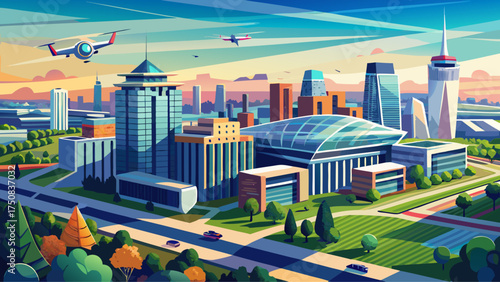 
Very beautiful aerial drone view showing modern buildings and skyline of Tysons Corner, Fairfax County, Virginia, with clear sky and elegant contemporary architecture blending with nature