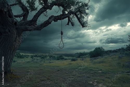 Gloomy landscape with a noose hanging from a tree.