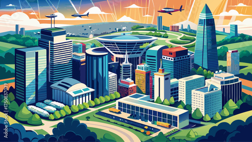 
Very beautiful aerial drone view showing modern buildings and skyline of Tysons Corner, Fairfax County, Virginia, with clear sky and elegant contemporary architecture blending with nature