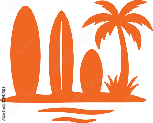 Orange surfboards and palm tree on white background ocean beach