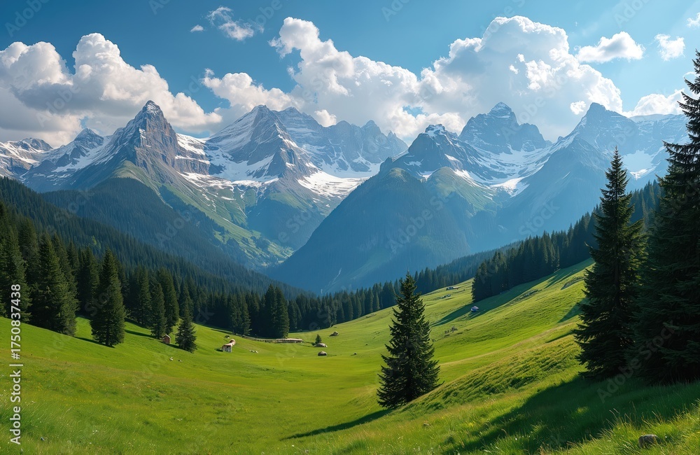 Fototapeta premium Scenic mountain landscape features snow capped peaks green hills forests. Coniferous trees grow in valley with grassland and cabins. Idyllic view of nature, clear blue sky. Perfect for travel