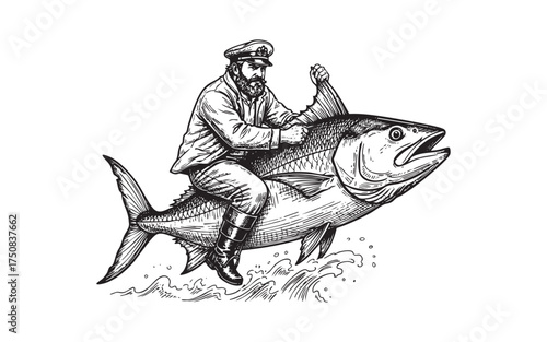 bearded sea captain or sailor riding a giant tuna fish