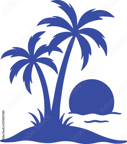 Two blue palm trees on an island with a blue sun setting over blue water sunset tropical