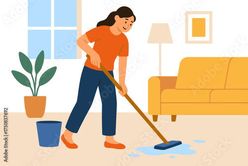 A young woman cleans the floor with a mop in her apartment, illustrating household chores and home cleaning.