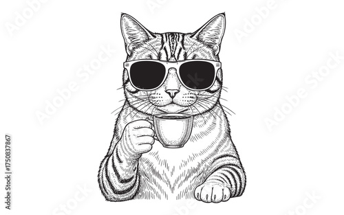 cool tabby cat wearing sunglasses and holding a small cup of coffee or espresso