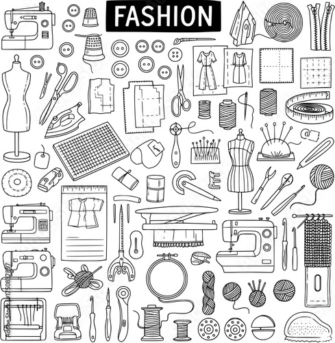 Detailed Black and White Outline Collection of Fashion, Sewing, Tailoring, and Craft Tools and Supplies Doodles and Icons