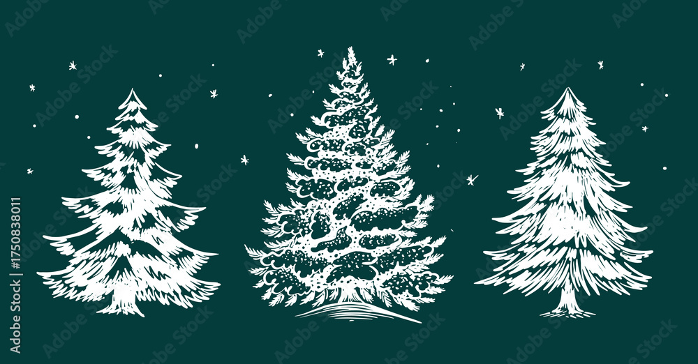 Fototapeta premium Christmas tree set on green, hand drawn illustration 
