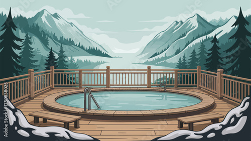 A serene mountain vista featuring a hot tub on a wooden deck with snow capped mountains in the background