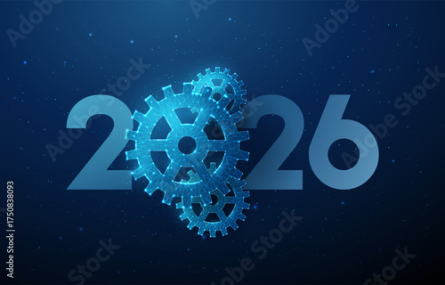 Happy New Year card with 2026 number with gears. Technology development, process optimization, industry progress, automation, productivity concept.