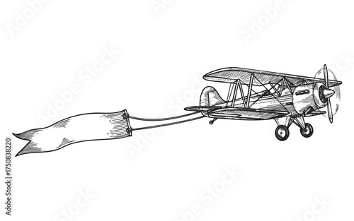 biplane or antique airplane pulling a blank advertising banner for copy space