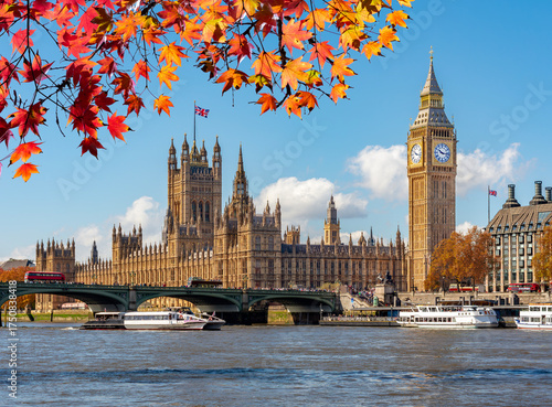 Big Ben tower of Houses of Parliament in autumn, London, UK