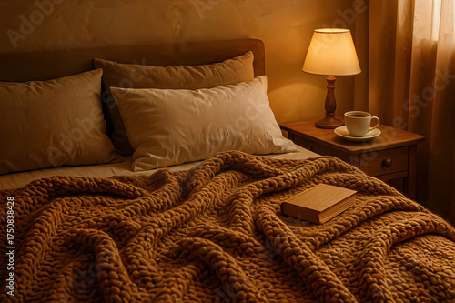 A warm, cozy bedroom features a neatly made bed with textured blankets and plush pillows. Soft lamplight casts a gentle glow, illuminating a nightstand with a cup and a book, creating a tranquil autum