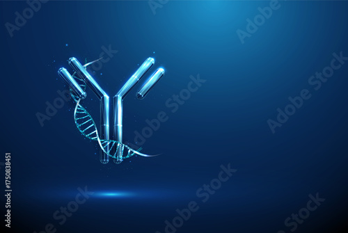 Antibody intertwined with DNA strand. Gene silencing, RNA interference, CRISPR-Cas9, epigenetic regulation, allergy treatment biotechnology research concept.