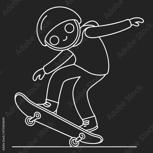 Cartoon child wearing helmet skateboarding on a skateboard