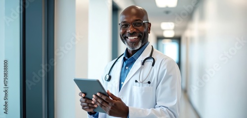 Smiling doctor in clinic hallway holds tablet. Mature Black man in lab coat with stethoscope reviews patient data and digital schedule. Pro medical career.